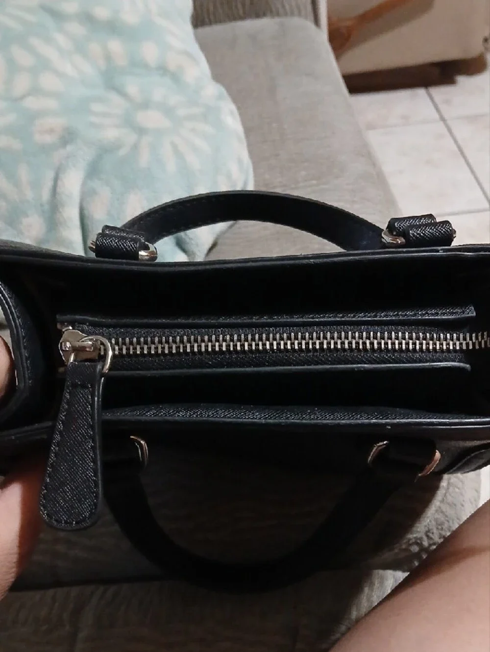 Guess Black Logo-Pattern Satchel with Silver Triangle Emblem